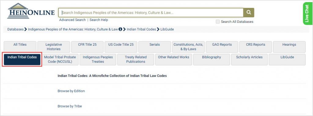 screenshot of Indigenous Peoples database highlighting Indian Tribal Codes subcollection