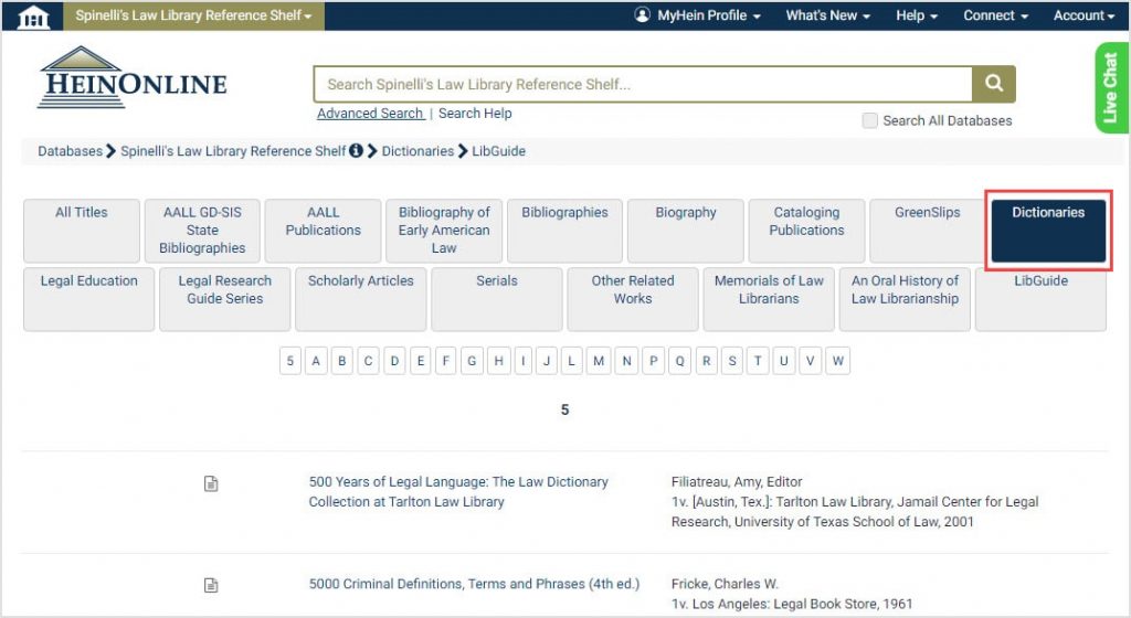 screenshot of Spinelli's Law Library Reference Shelf highlighting Dictionaries subcollection