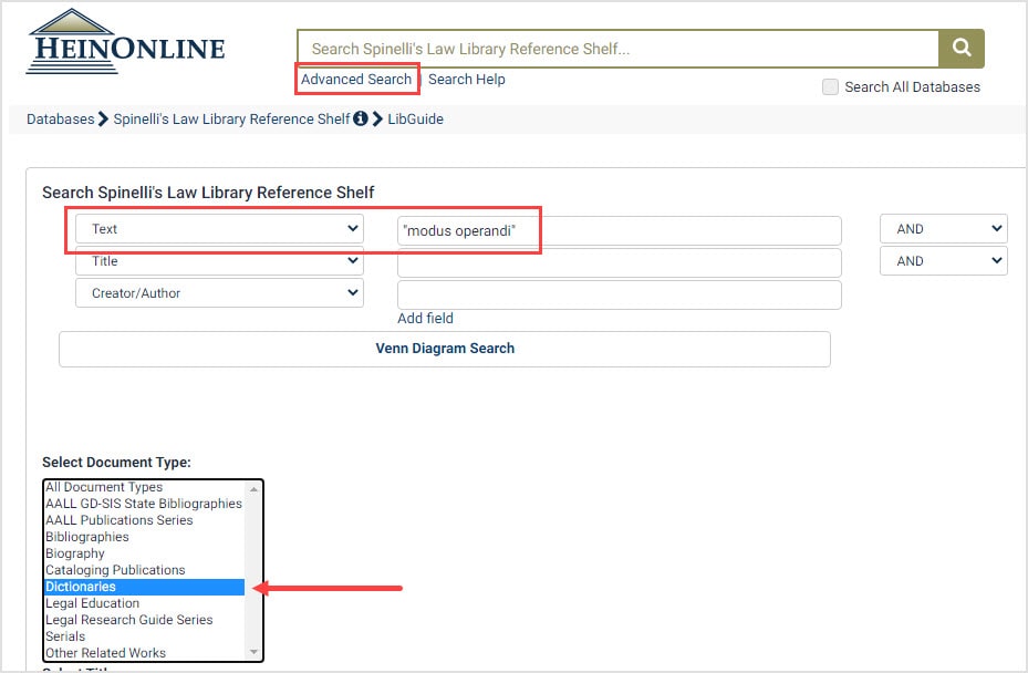 screenshot of Advanced Search in Spinelli's Law Library Reference Shelf