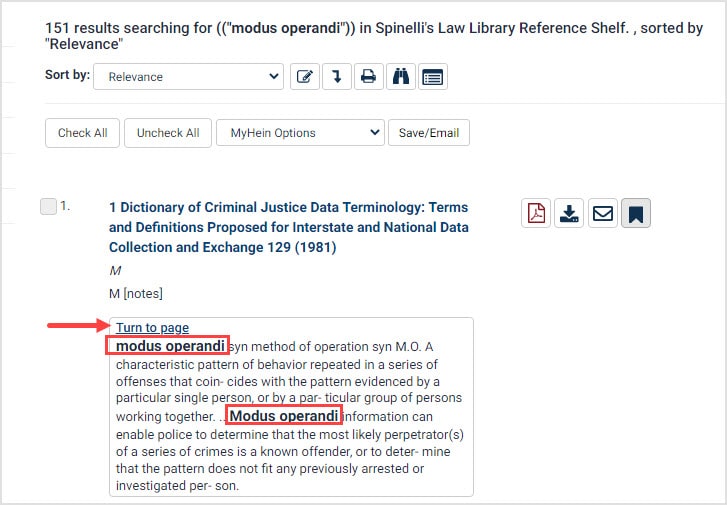 screenshot of search results highlighting bold-faced matching text and Turn to page option