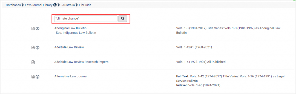 Search example across Australian journals in the Law Journal Library