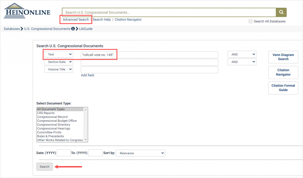 Advanced search for rollcall in the U.S. Congressional Documents database