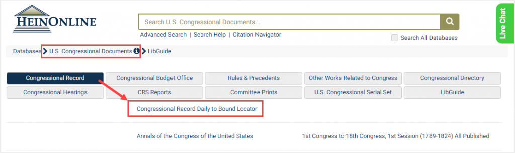 U.S. Congressional Documents database showing the Congressional Record Daily to Bound Locator tool