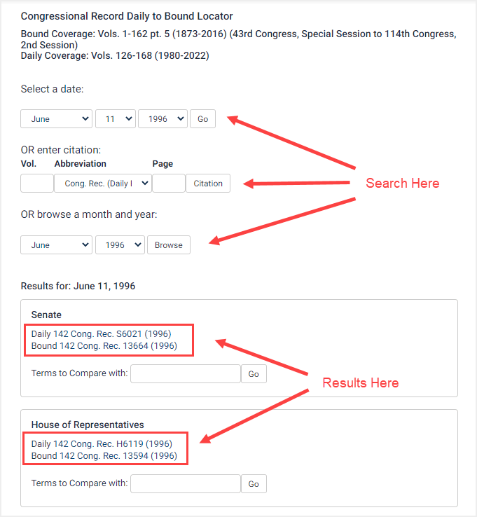 The Congressional Record Daily to Bound Locator tool search example in the U.S. Congressional Documents database