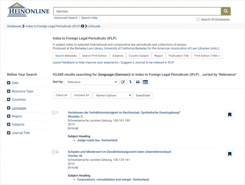 Search results for articles or reviews in German within Index to Forein Legal Periodicals