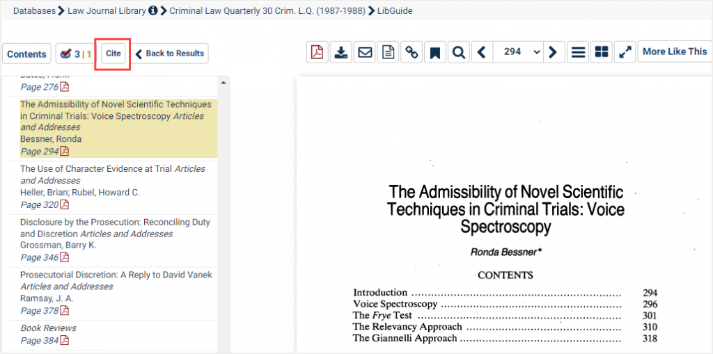 Article in the Law Journal Library featuring the Cite button