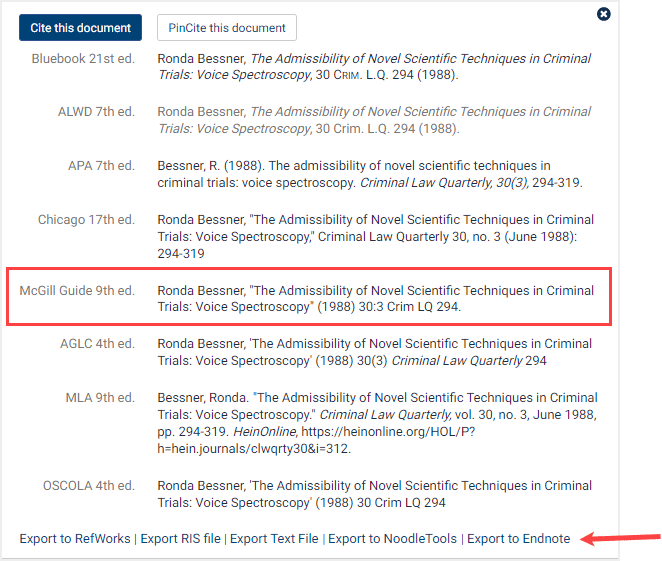 Available citation formats within HeinOnline