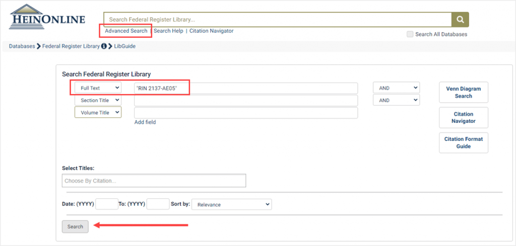 Advanced search for a Regulation Identification Number (RIN) within the Federal Register