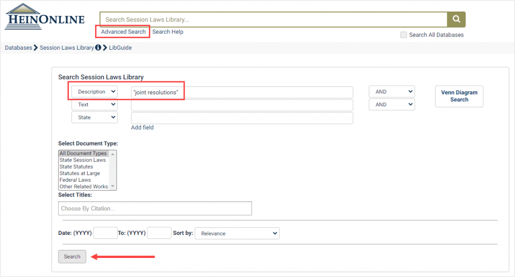 Advanced search example for description in the Session Laws Library