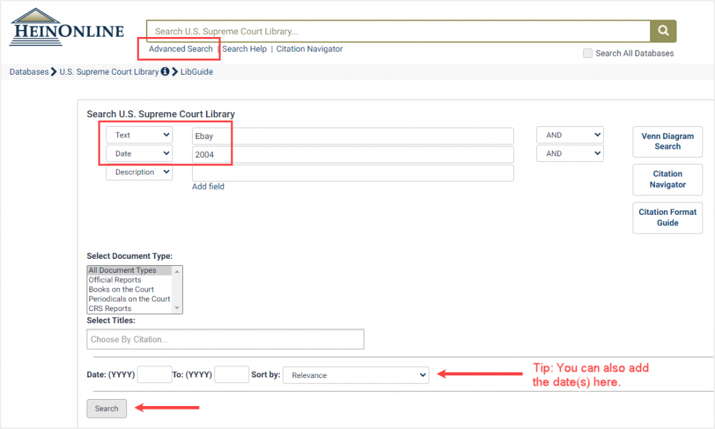 Advanced search within the U.S. Supreme Court Library for volume date