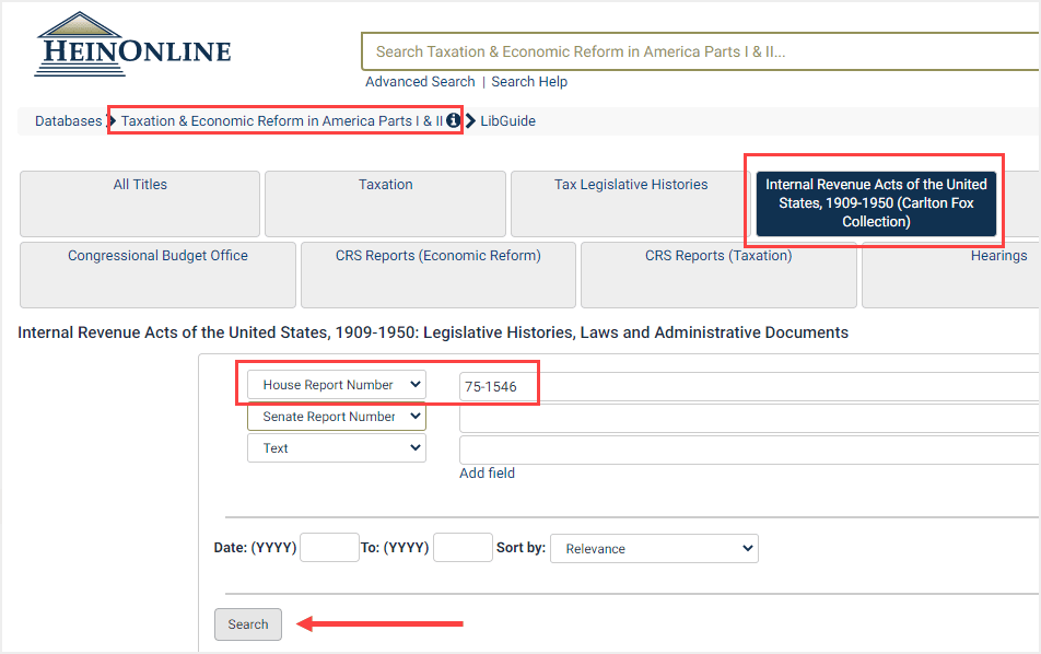 Example search for a House Report Number within the Internatal Revenue Acts of the United States subcollection in Taxation & Economic Reform in America Parts I & II