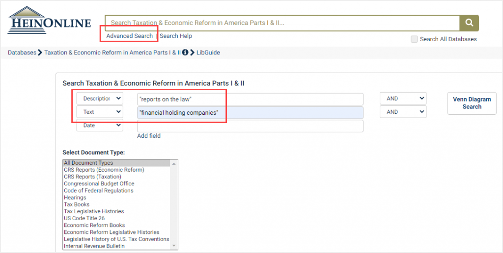 Advanced search for description in Taxation & Economic Reform in America