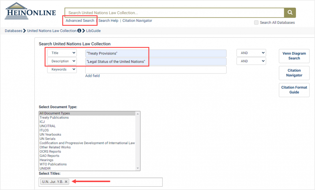Advanced search example for document description in the United Nations Law Collection