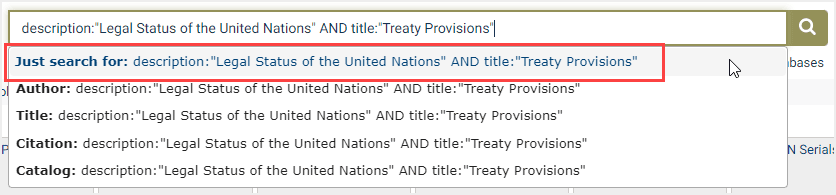 One-box search example for document description in the United Nations Law Collection