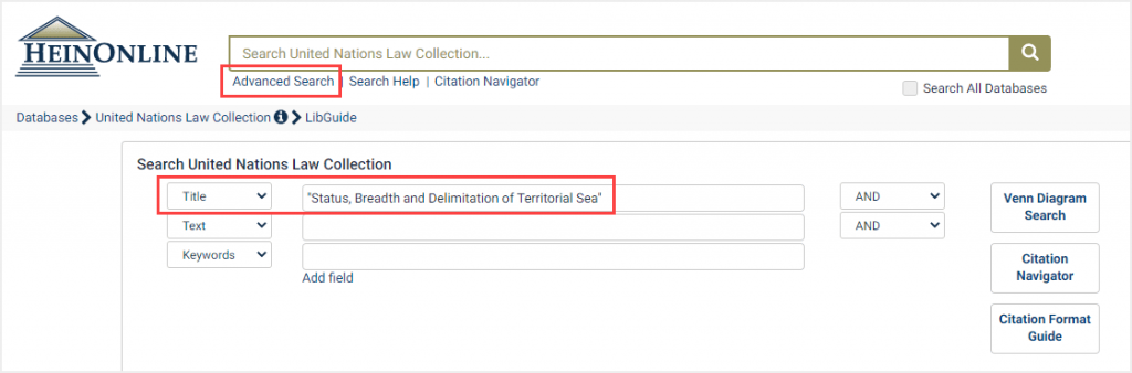 Advanced search example for document title in the United Nations Law Collection