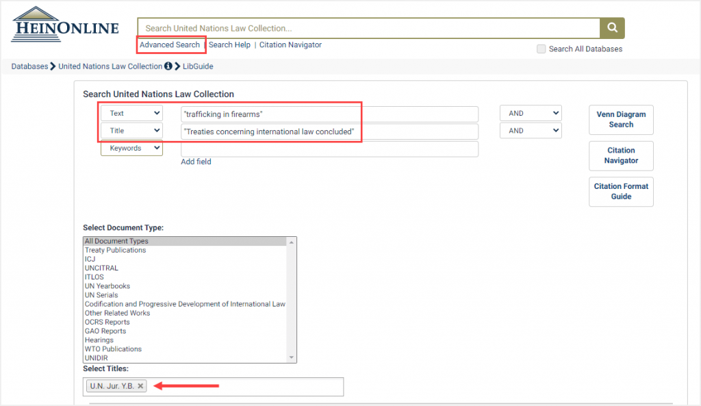 Advanced search example for full text in the United Nations Law Collection