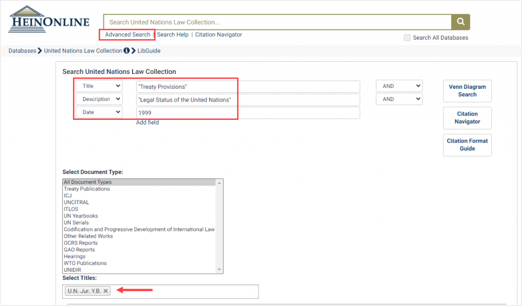 Advanced search example for volume date in the United Nations Law Collection