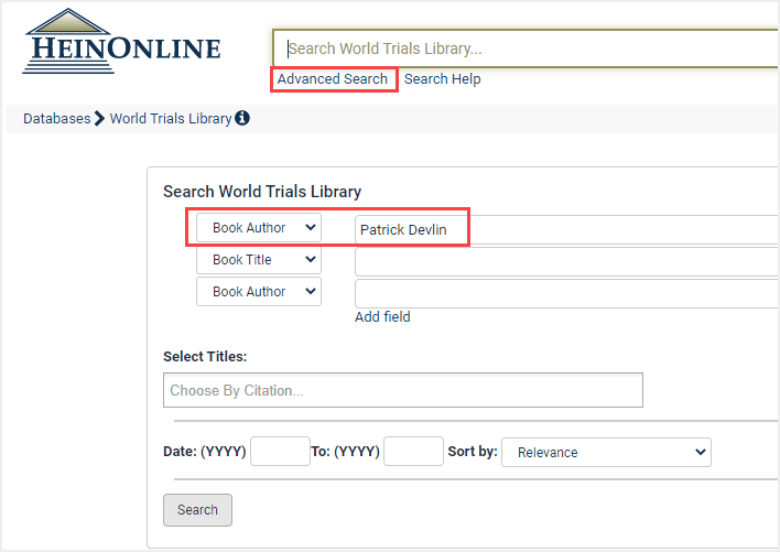 image of where to search by book author in the World Trials Library