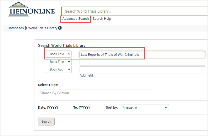 image of how to search for a book title in the World Trials Library