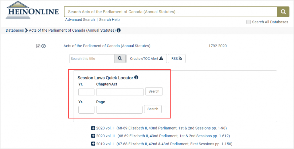 image of Session Laws Quick Locator tool in a Canadian content database