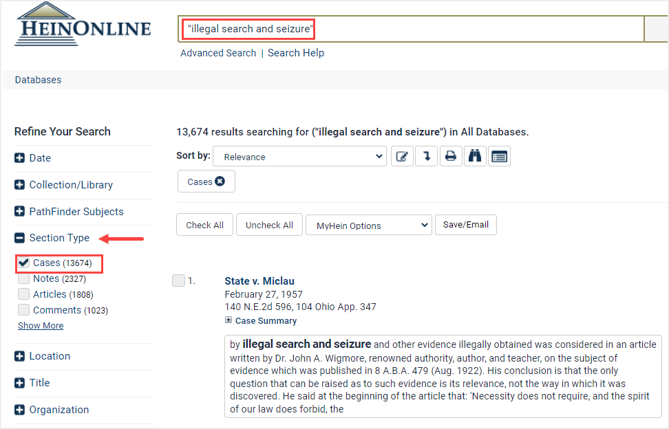 image of refining search by section type cases