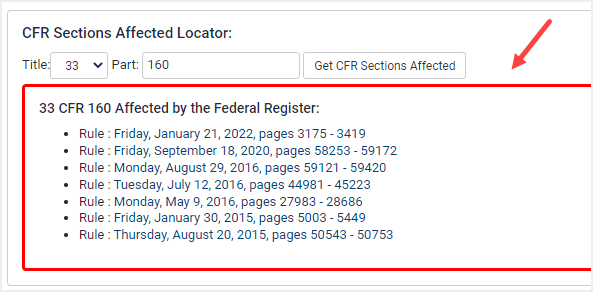 image of sections affected in the Federal Register