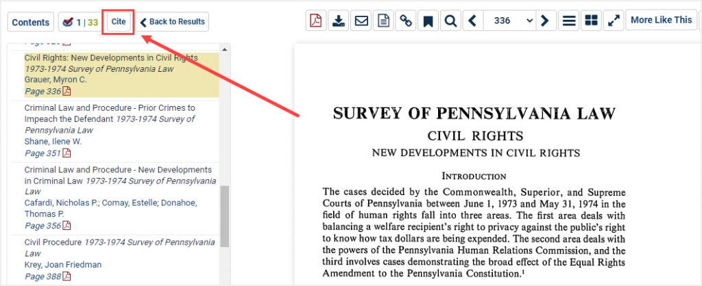 image of Cite button in HeinOnline