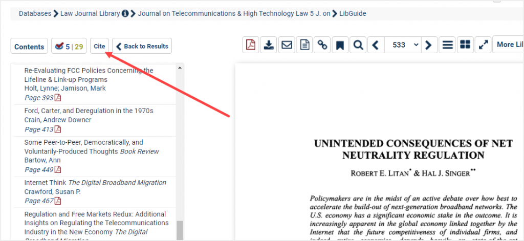 image of Cite button within HeinOnline's interface
