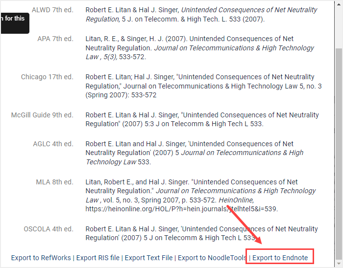 image of where to export to EndNote within HeinOnine