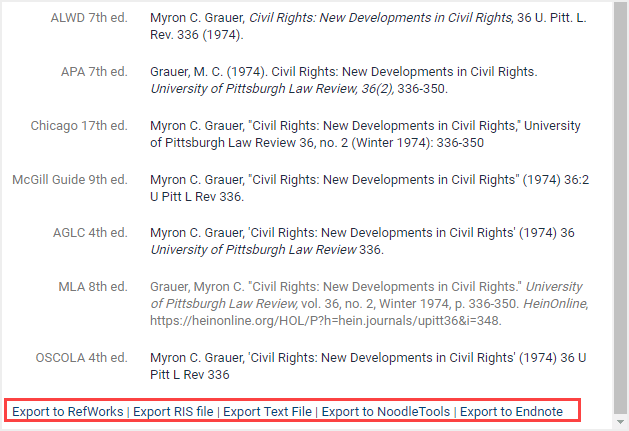 image of export options in Law Journal Library