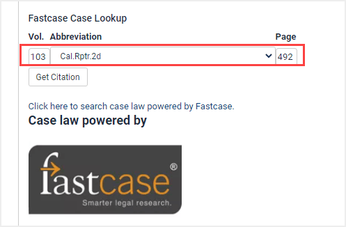 image of Fastcase Lookup tool in HeinOnline