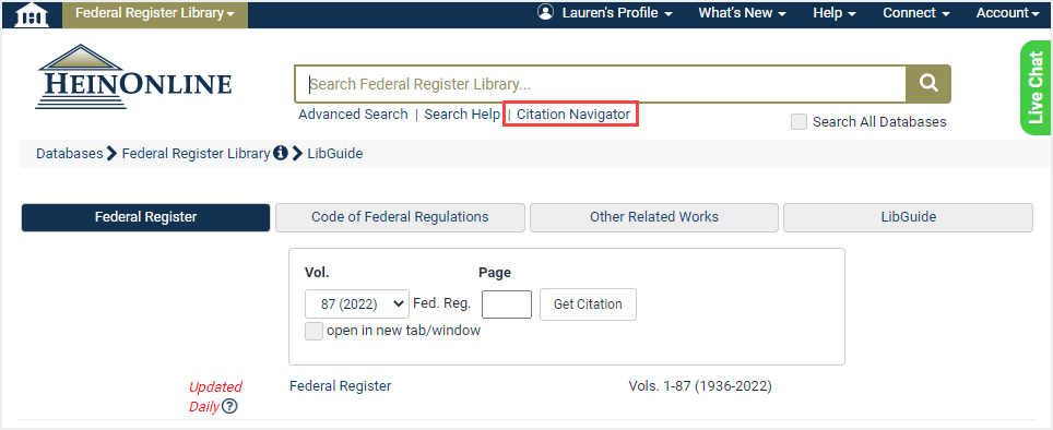 image of Citation Navigator in Federal Register Library