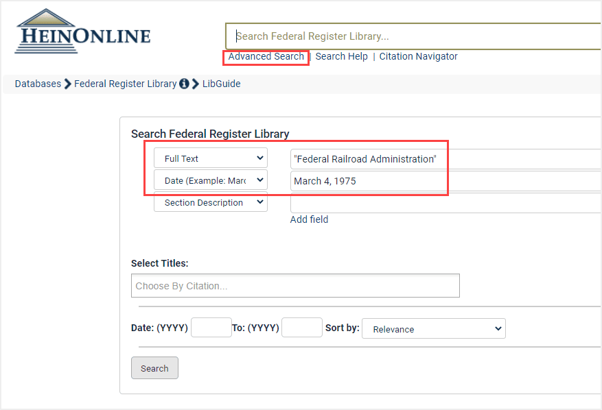 image of how to search across a specific day in the Federal Register