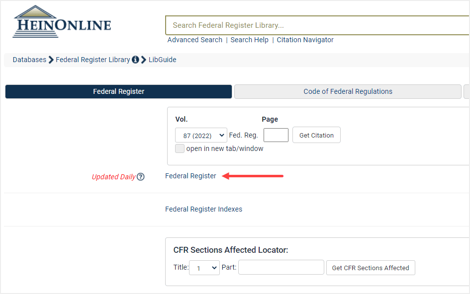 image of Federal Register within HeinOnline