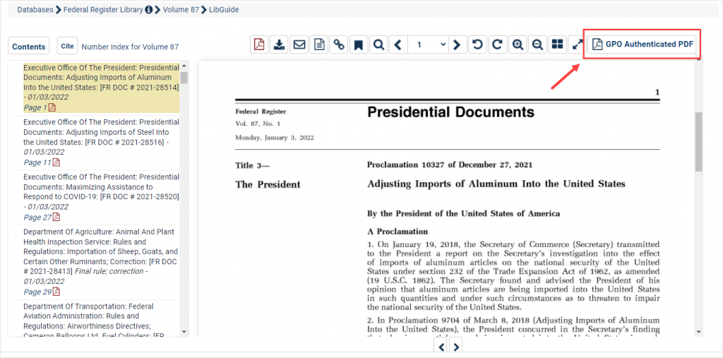 image of where to view GPO Authenticated PDFs within a document