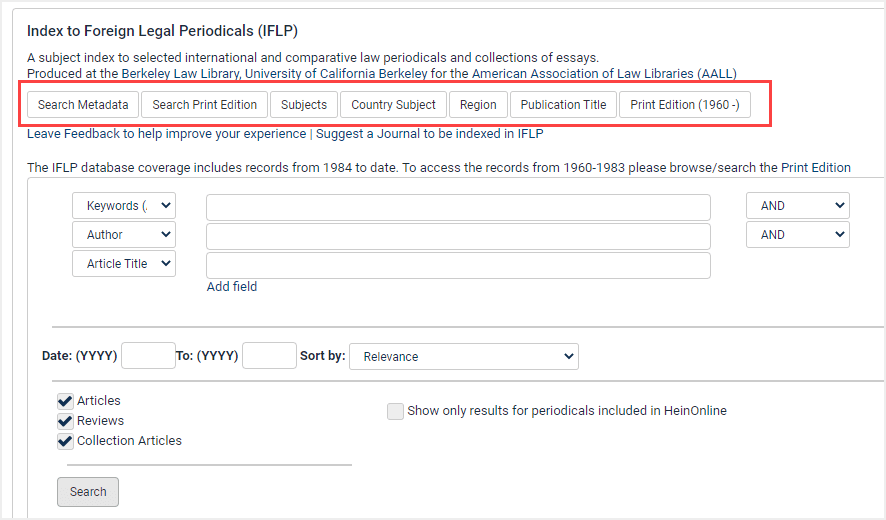 image of Index to Foreign Legal Periodicals homepage