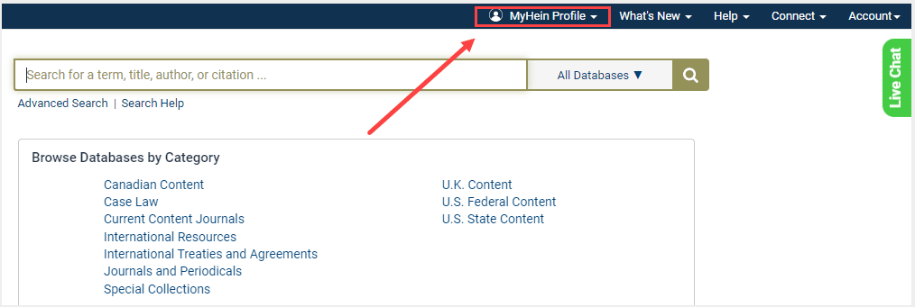 image of where to locate MyHein in HeinOnline