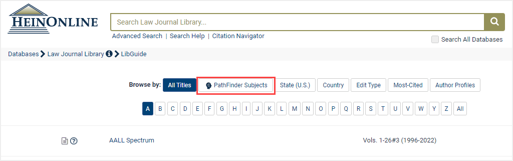 image of where to find PathFinder in the Law Journal Library