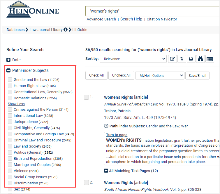 image of using PathFinder to search in the Law Journal Library