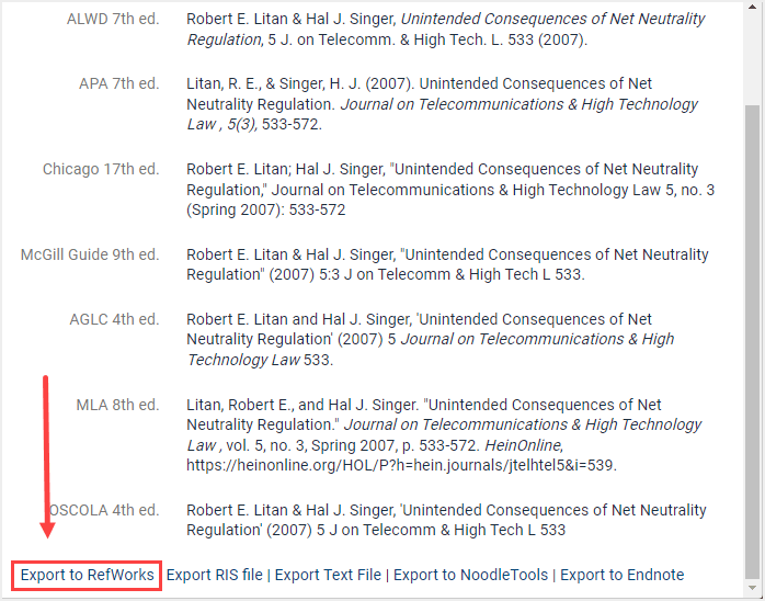 image of RefWorks export option