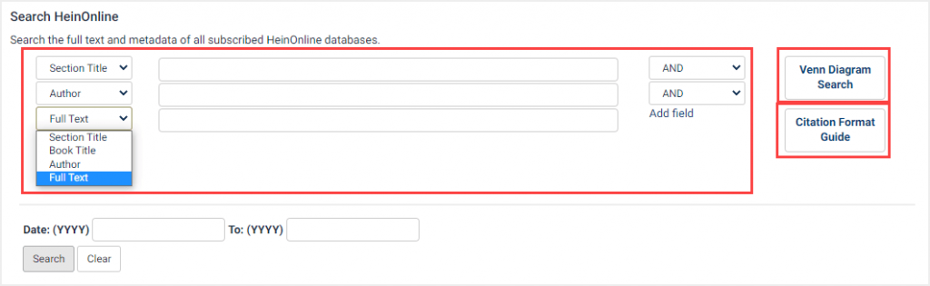 Advanced search - search heinonline options