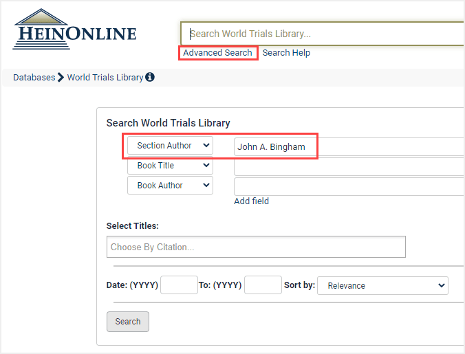 image of how to search for a document author in the World Trials Library