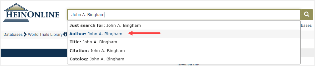 image of using author option within HeinOnlne's one-box search