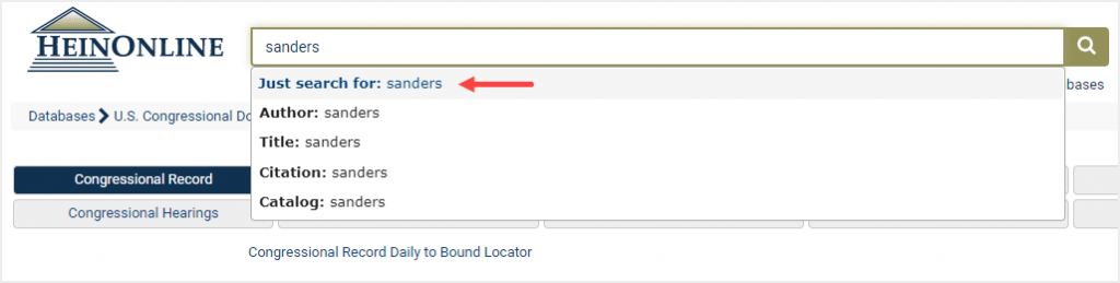 image of using the Just Search for option within HeinOnline's one-box search