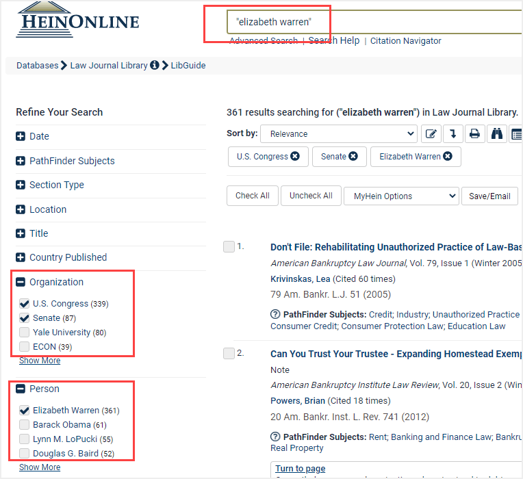 image of search results with the Law Journal Library