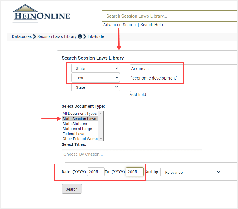 image of where users can search by volume date in the Session Laws library