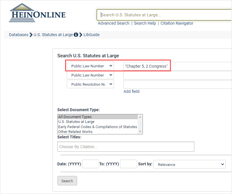 image of Advanced Search within the U.S. Statutes at Large database