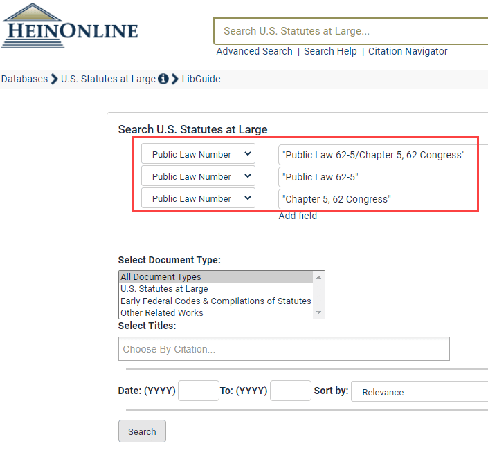 image of various ways to search for public Law Number in U.S. Statutes at Large