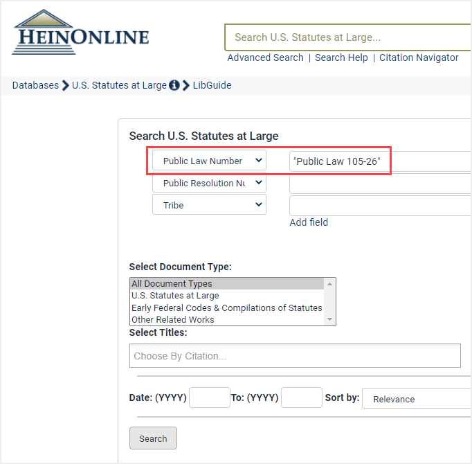 image of search for public law number in the U.S. Statutes at Large Advanced Search