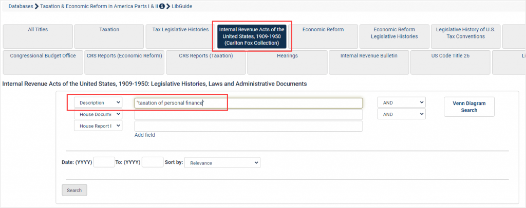 image of how to search by document description within the Internal Revenue Acts